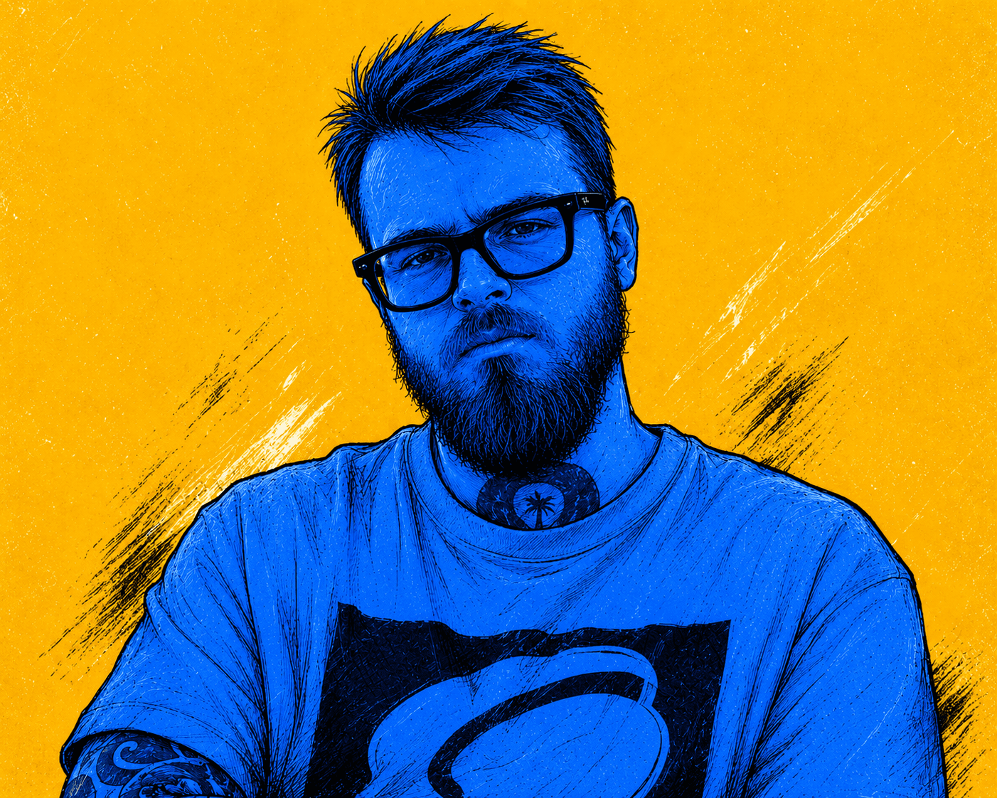 Blue illustrated portrait of a bearded man wearing glasses on a bright yellow background.