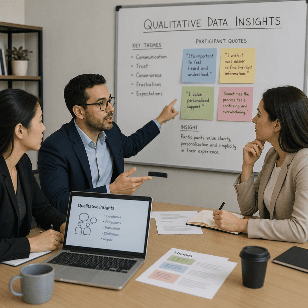 Business professionals discussing qualitative data insights