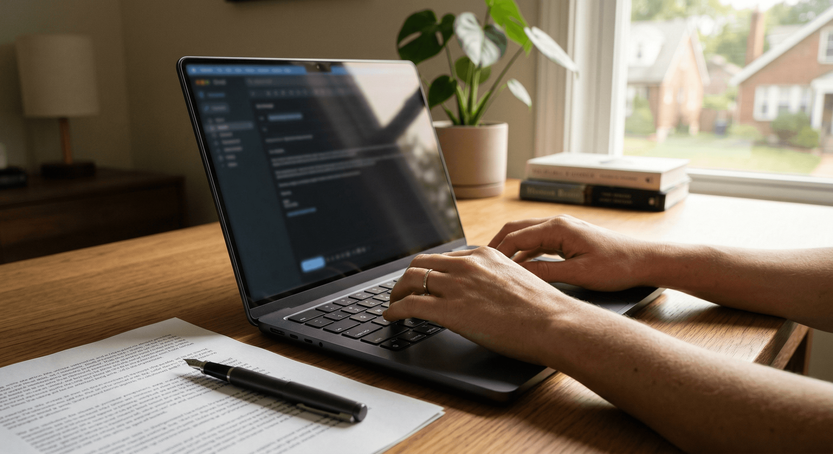 Employee typing a remote work accommodation request email to HR from a home office desk