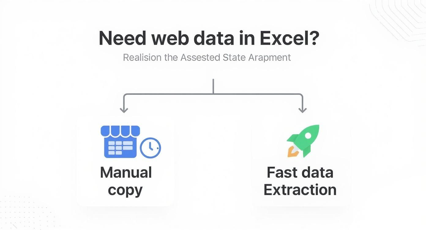 Infographic contrasting manual web data copying with fast web data extraction for Excel.