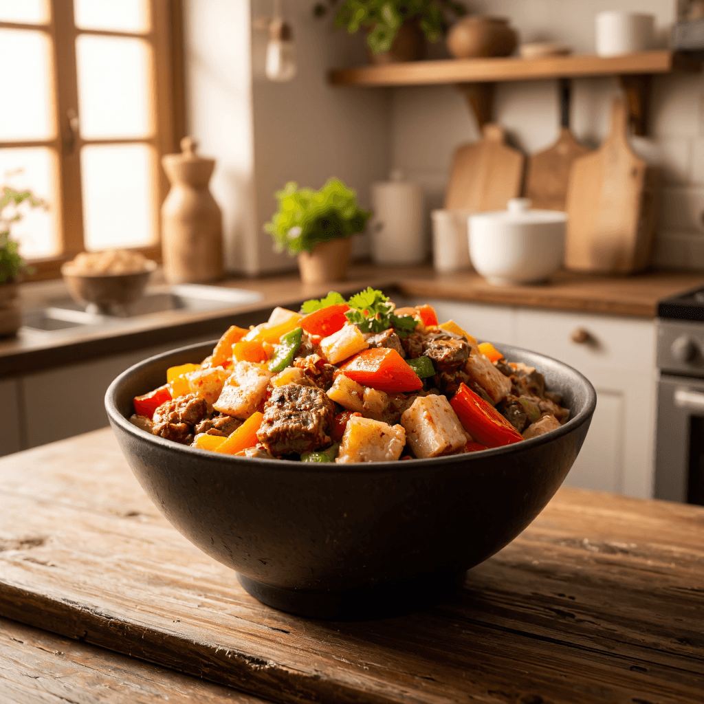 product photography of a bowl of mixed vegetables and meat with sauce