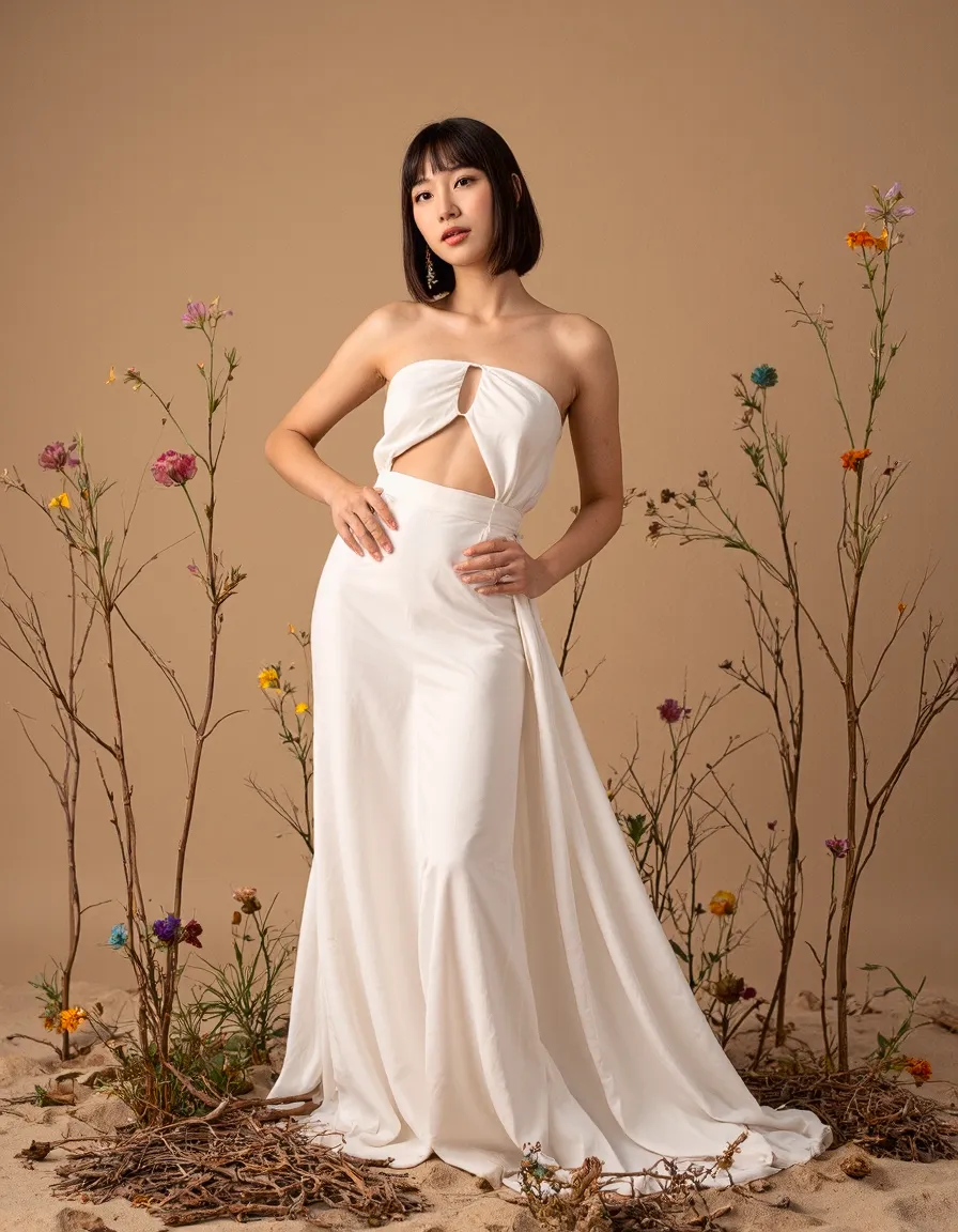 Modern white bridal gown with cutout detail against warm beige backdrop, surrounded by delicate wildflowers and natural elements