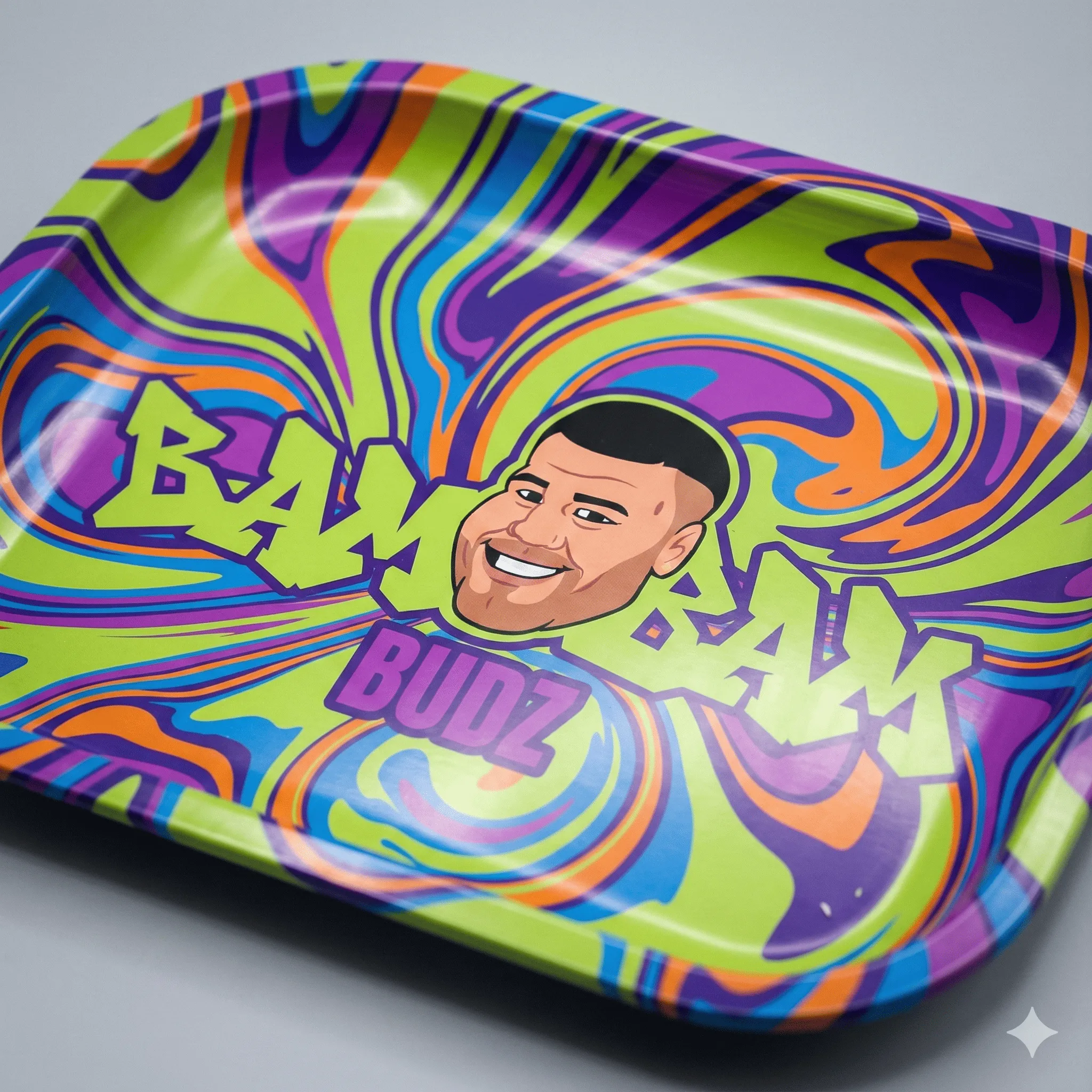 Psychedelic swirl background featuring the BamBam Budz cartoon character and graffiti logo.