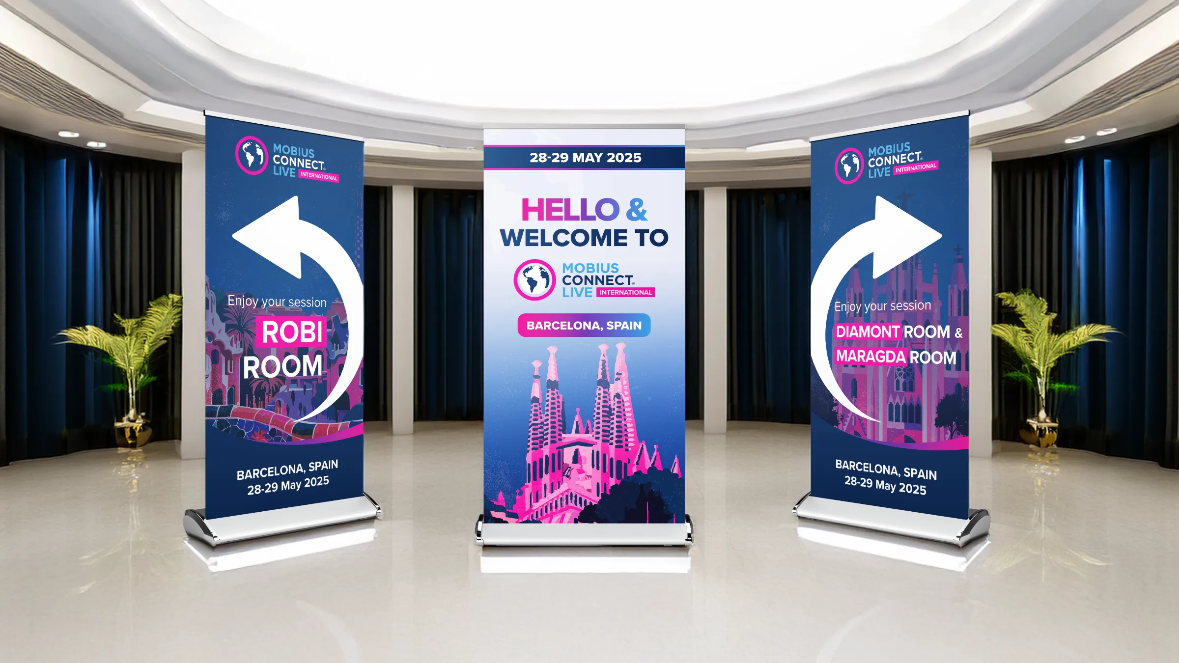 Directional roll-up banners for Mobius Connect Barcelona sessions
