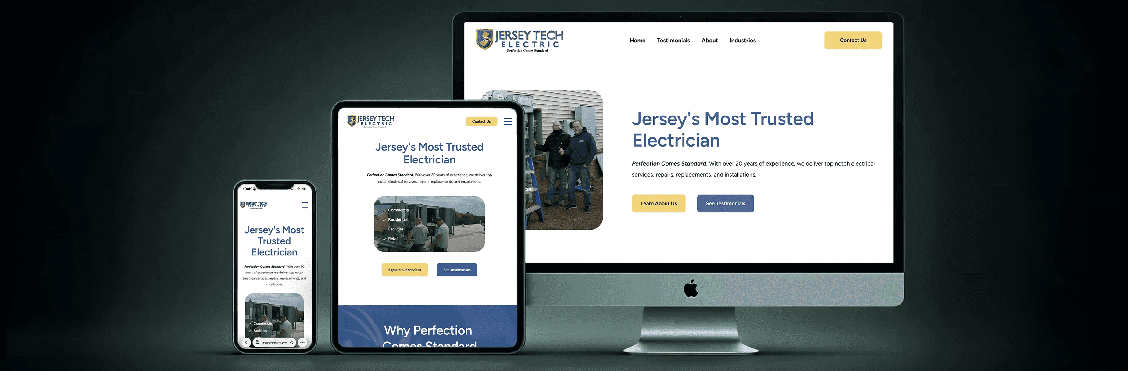 Responsive electrician website design displayed on desktop tablet and mobile devices