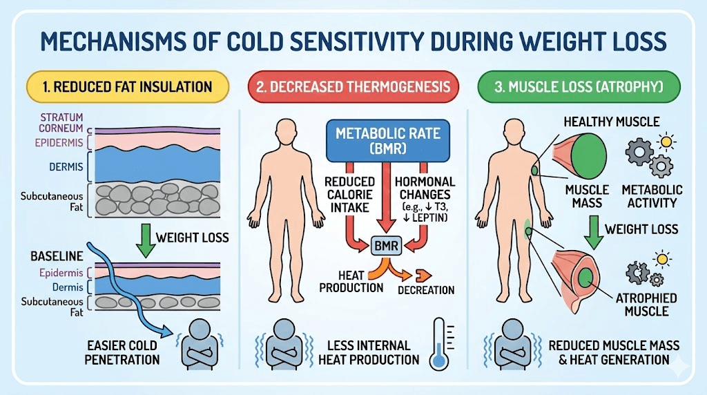 Why tirzepatide causes cold sensitivity diagram showing fat loss insulation and thermogenesis