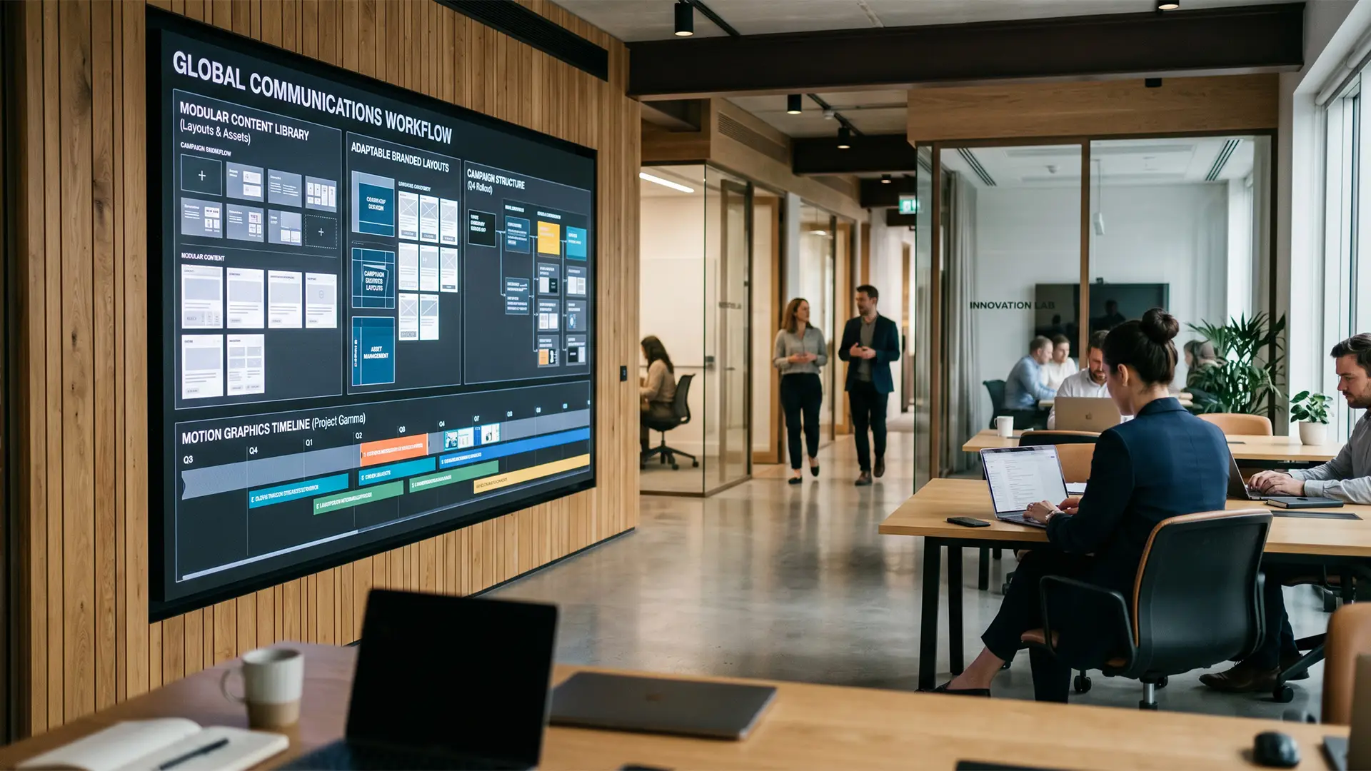 Large-format workflow dashboard displayed in a contemporary corporate office with employees collaborating and working across an open-plan environment.