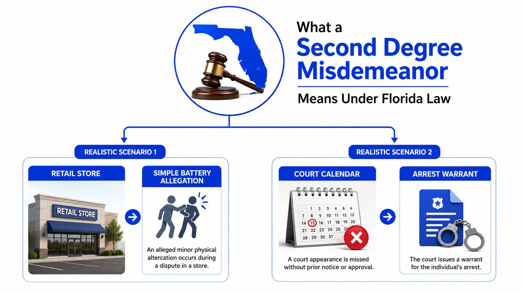 An infographic titled What a Second Degree Misdemeanor Means Under Florida Law showing two scenarios including battery and arrest.