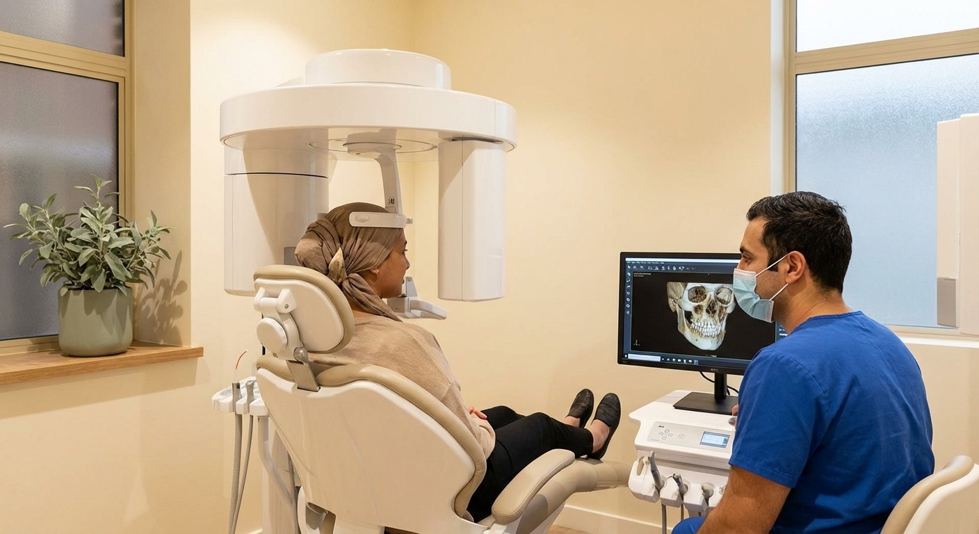 Patient undergoing a CBCT cone beam 3D jaw scan in a modern dental imaging suite used to assess bone density