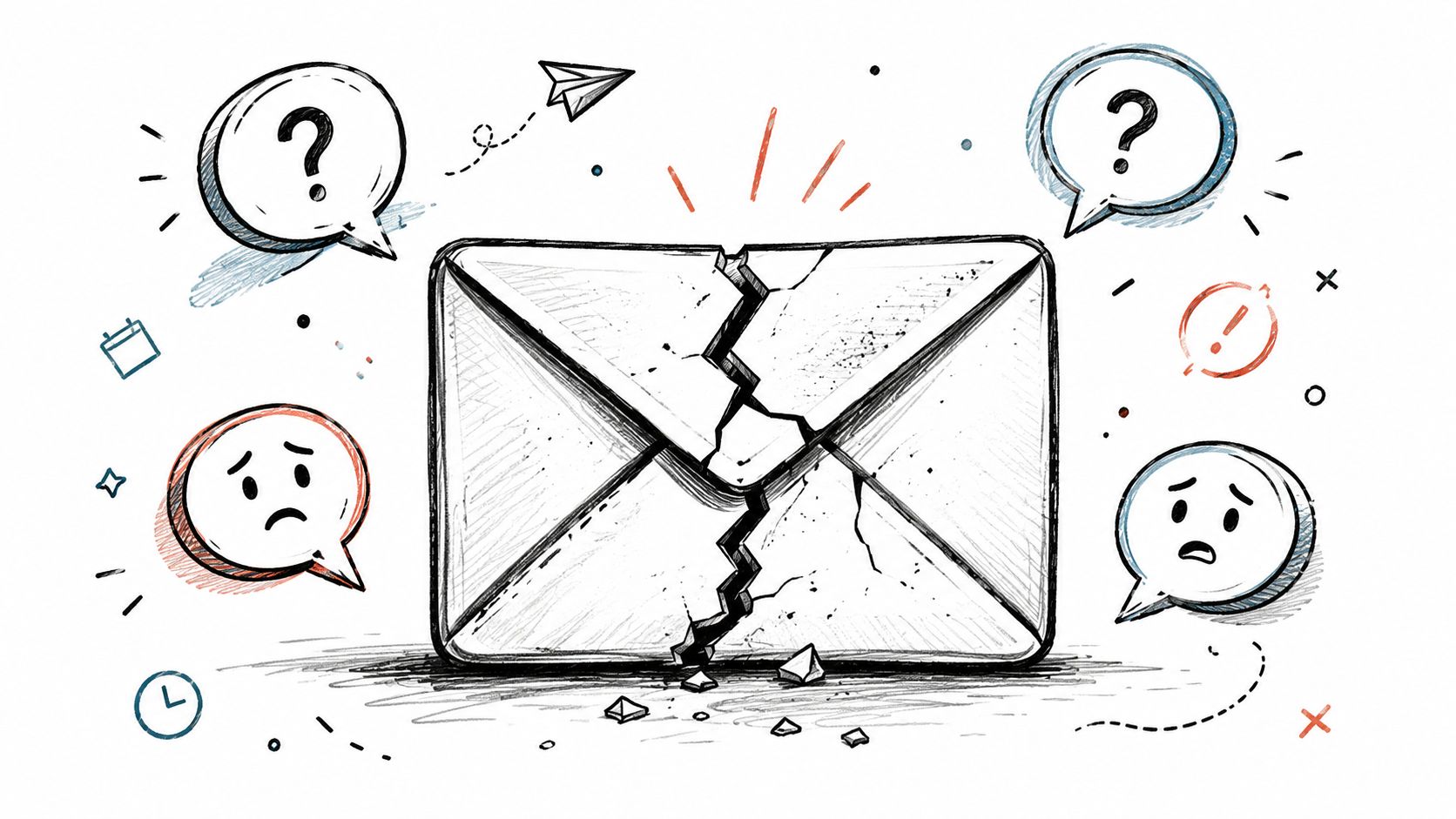 A hand-drawn illustration of a cracked envelope surrounded by speech bubbles, question marks, and sad emojis.
