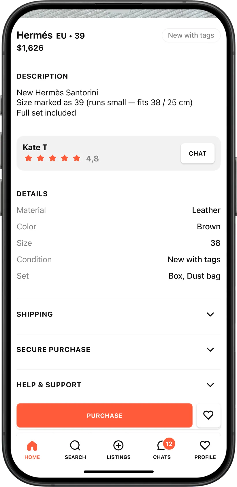 Extended product detail screen in the Tuff Stuff marketplace app, showing description, seller rating, item details, shipping, secure purchase, support sections, and purchase action.