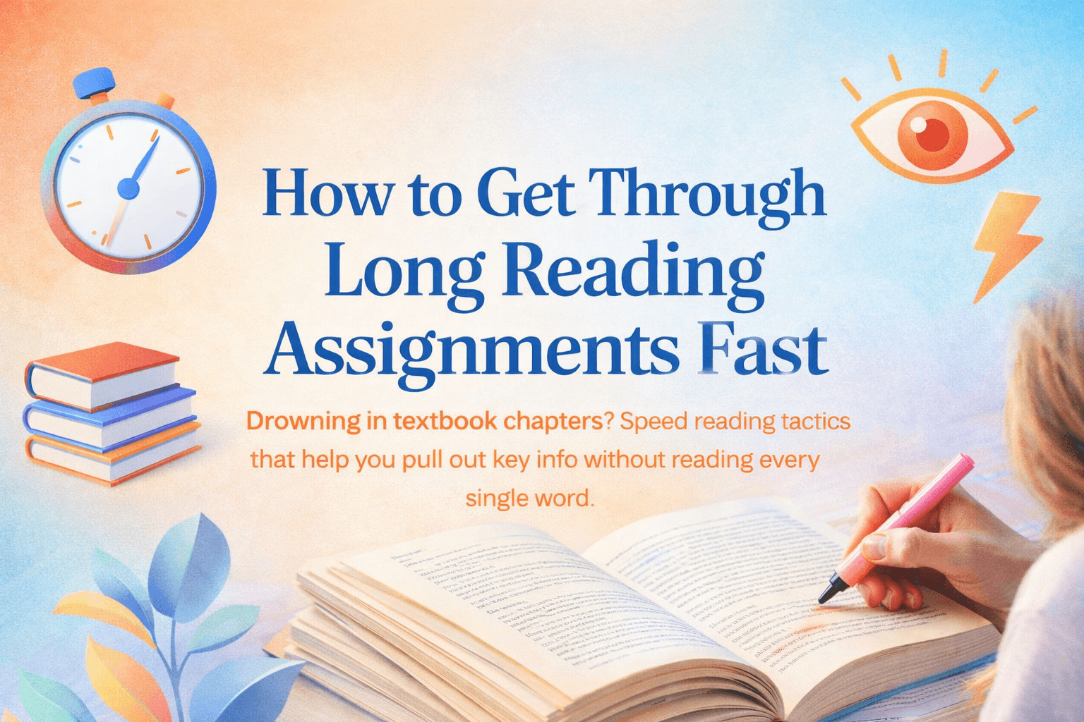 How to Get Through Long Reading Assignments Fast with stopwatch and highlighted open book showing speed reading focus.