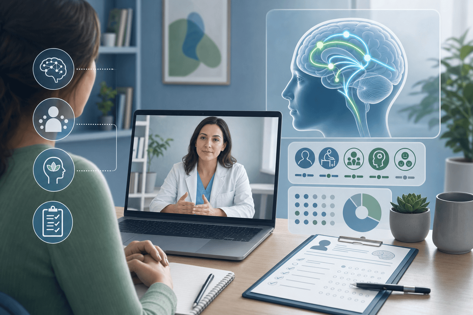 A clean, modern medical illustration showing a psychiatric evaluation process. Show a calm, professional telehealth session with a healthcare provider on a laptop screen conducting a virtual assessment. Include visual elements suggesting comprehensive evaluation: a clipboard with assessment forms, a brain diagram showing attention pathways, and subtle indicators of thorough diagnostic screening. Use calming blue and green tones with a professional, clinical aesthetic. No text or words in the image.