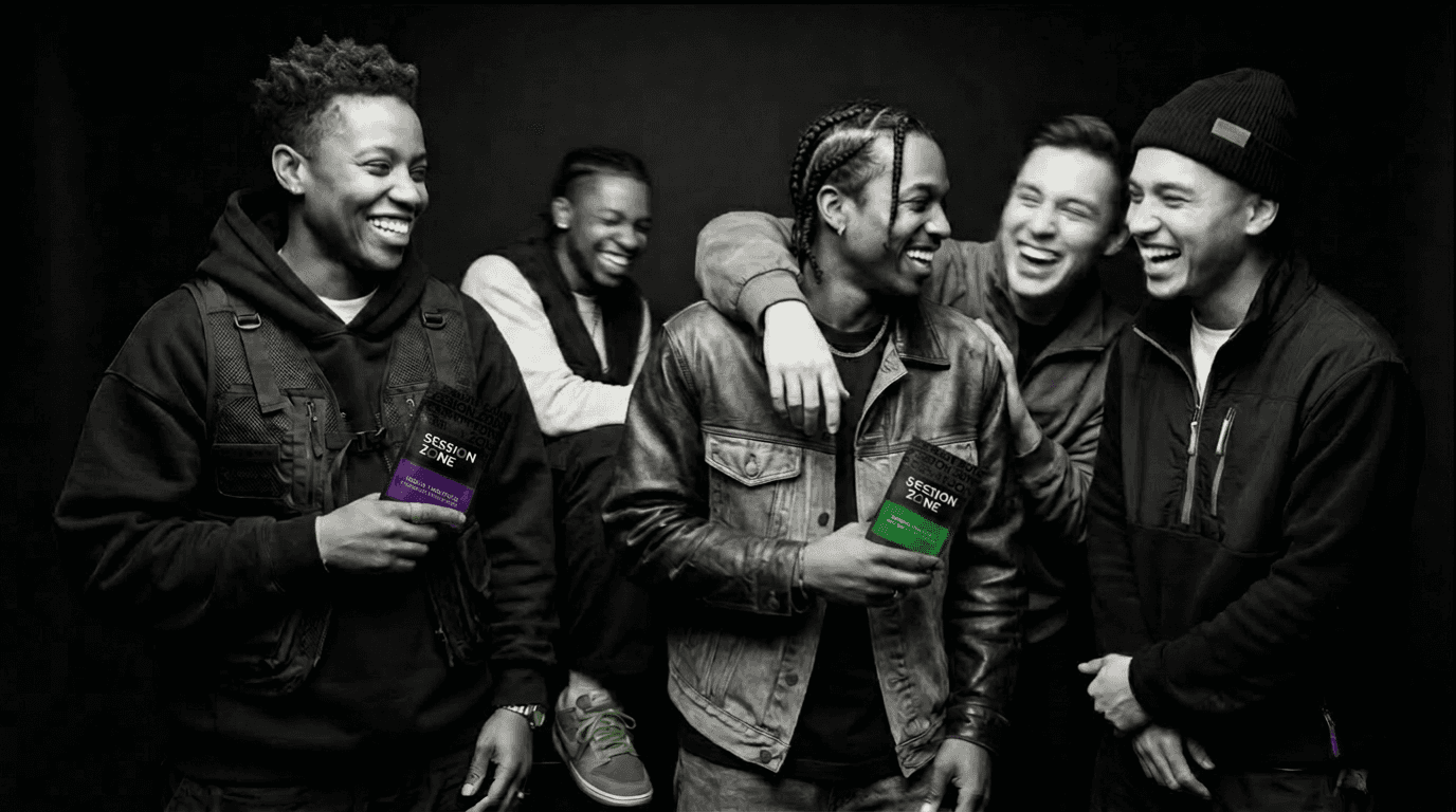 Friends holding Session Zone Hybrid and Indica cannabis pre-rolls, celebrating cannabis community, culture, connection, and shared experiences.