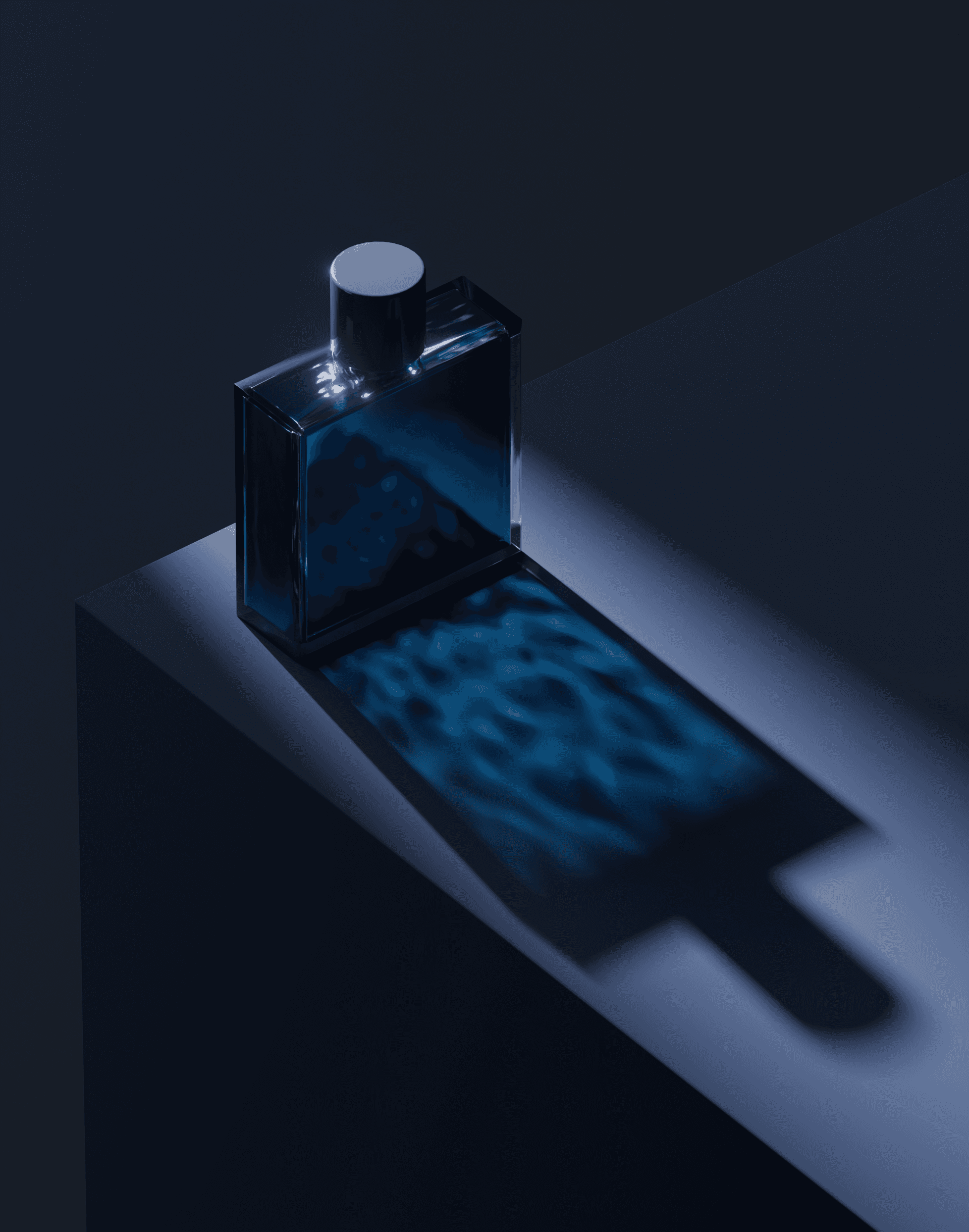 Deep blue glass perfume bottle with a glossy dark cap, on the edge of a dark pedestal, rippled blue caustics filling the shadow beside it.