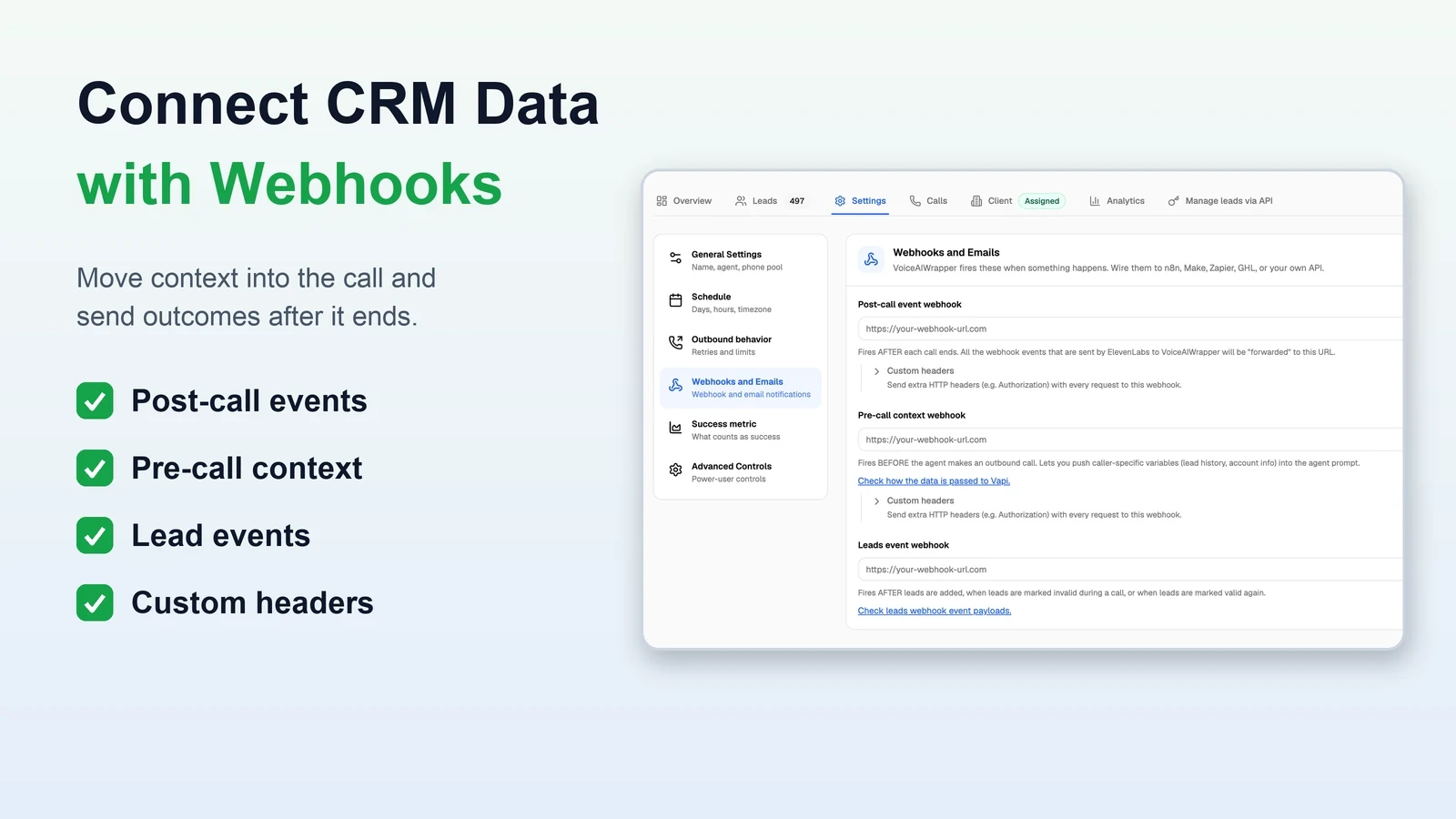 VoiceAIWrapper webhook settings for post-call events, pre-call context, lead events, and custom HTTP headers.