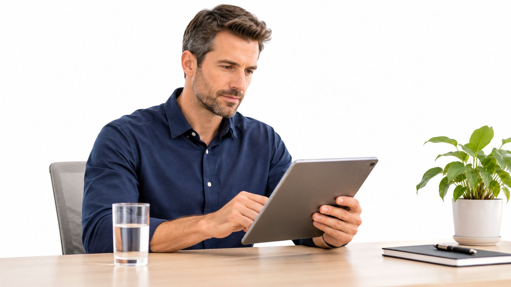 A professional man in a blue shirt sitting at a desk and using a digital tablet.