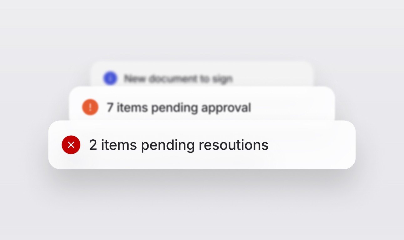 An extreme close up of statuses in Onetrace: documents to sign, items for resolution and pending approval.