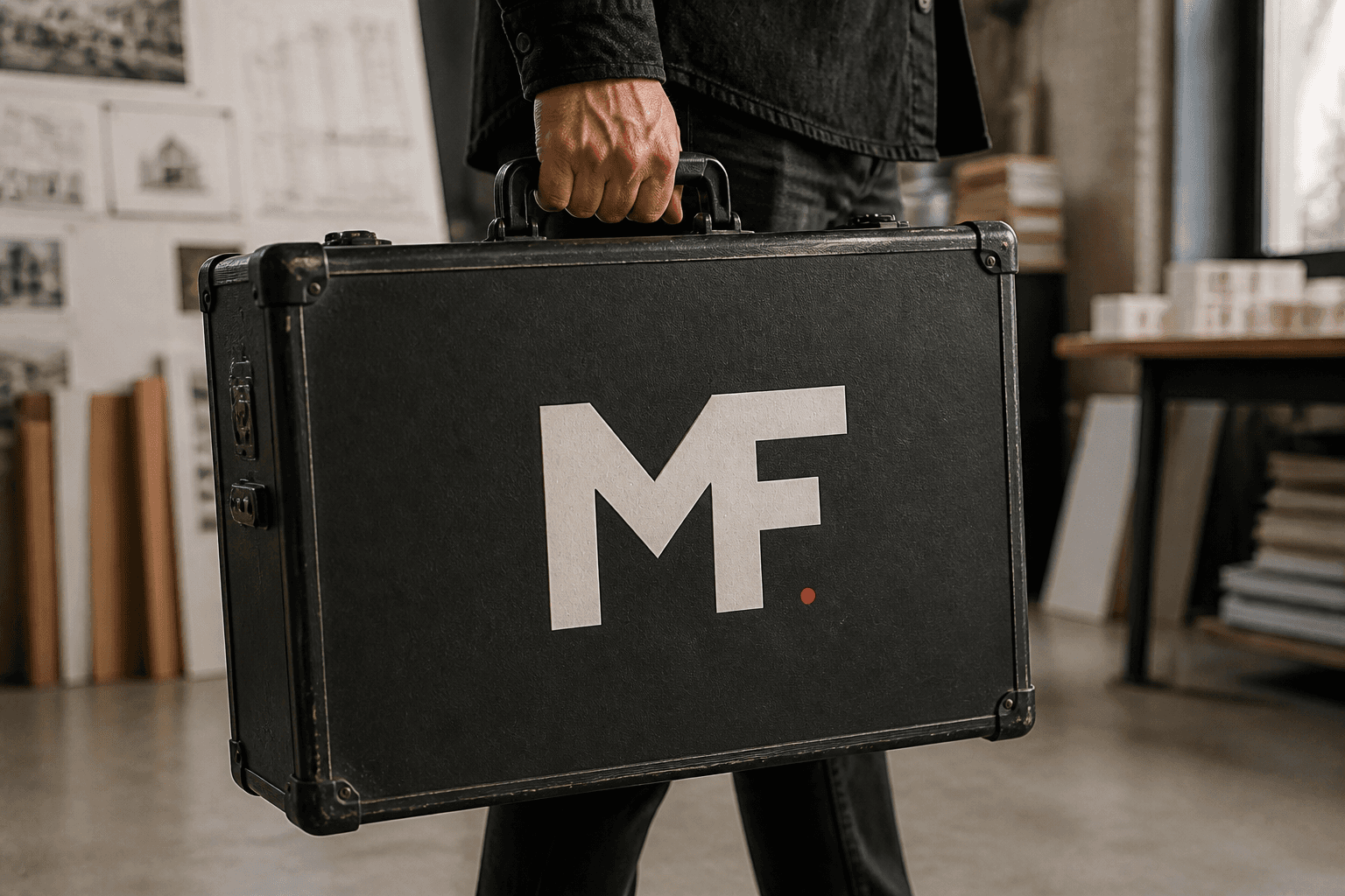 MF logo applied to a rugged equipment case carried through a working design studio