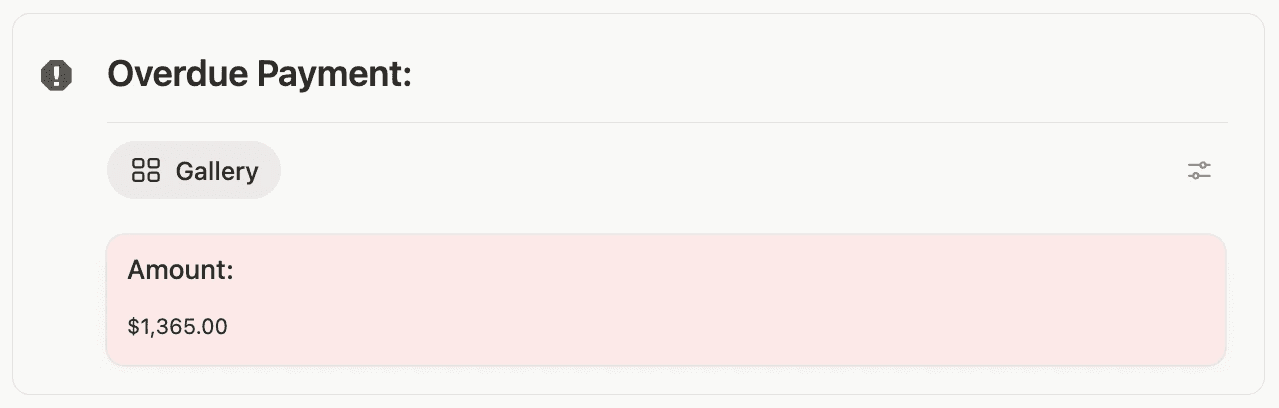 Overdue payment alert card showing an outstanding amount of $1,365