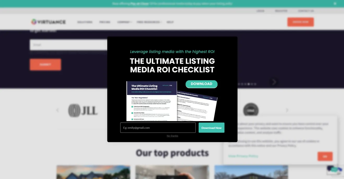 Virtuance B2B email popup with a black background, a prominent visual preview of a checklist lead magnet, and a single email field