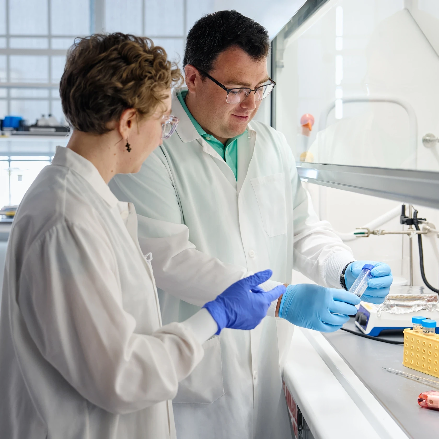 Two scientists working together and laughing