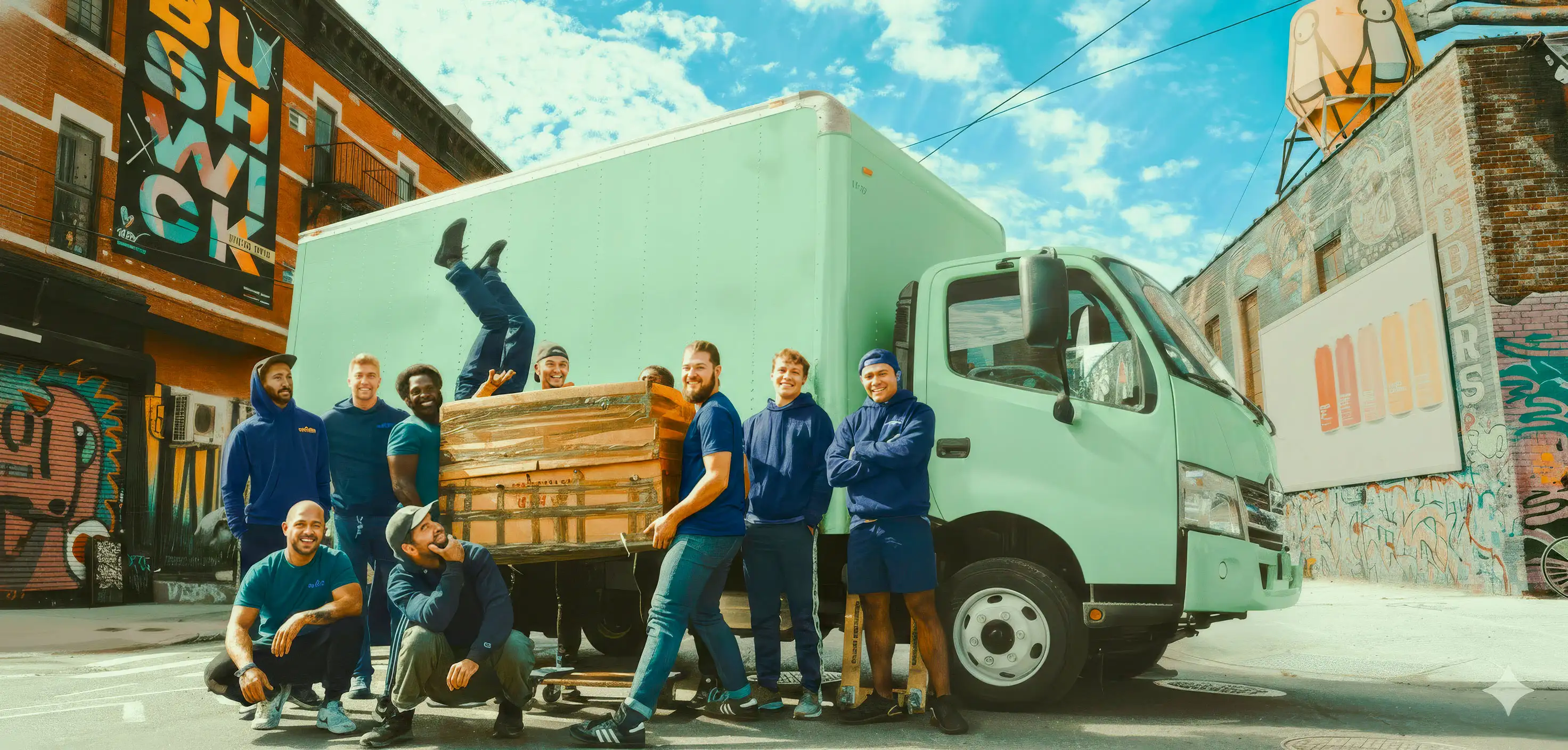 Team of moving workers smiling and playing with a moving truck behind them.