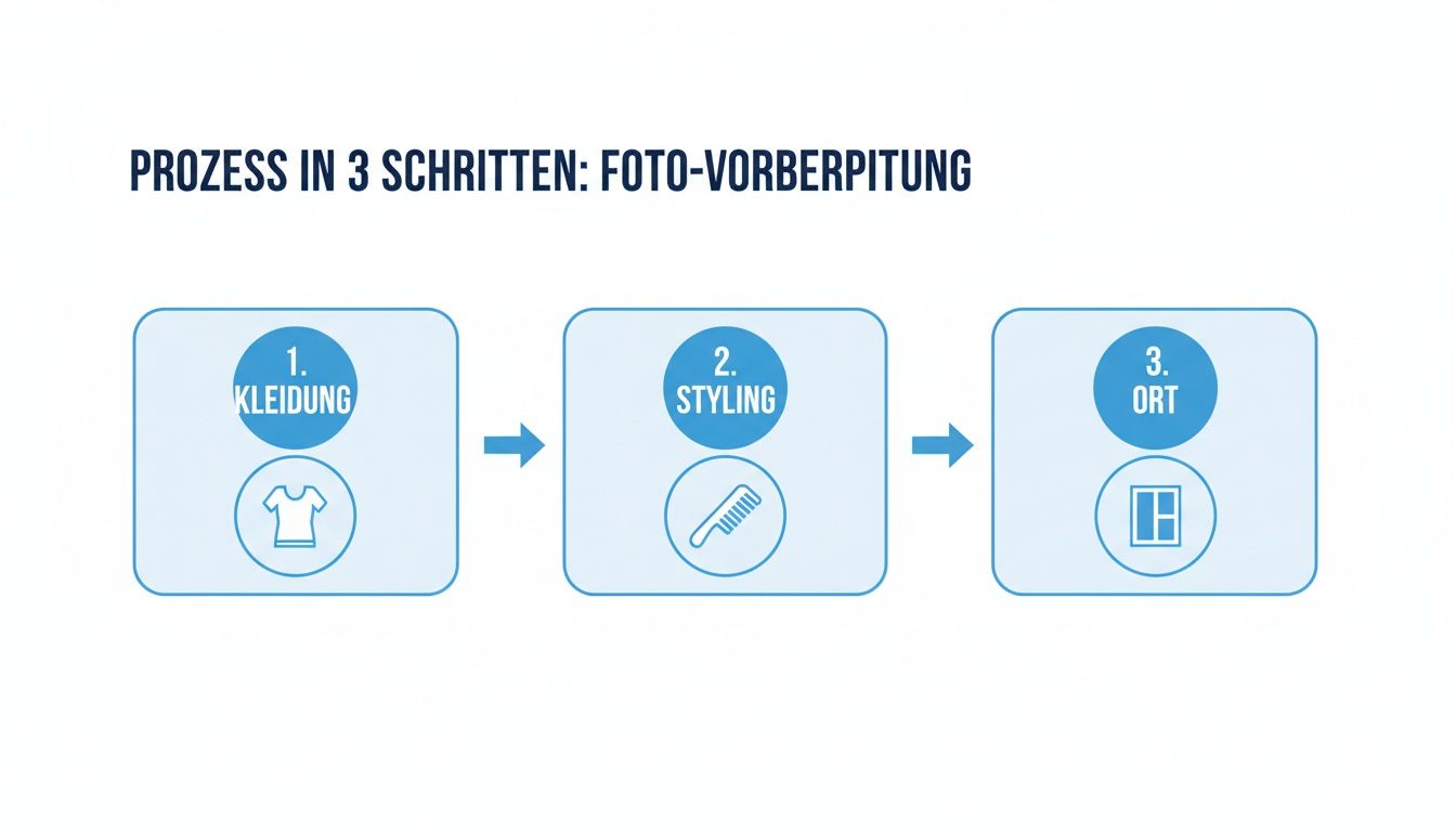 Infografik zeigt den dreistufigen Prozess der Foto-Vorbereitung: Kleidung, Styling und Ort.