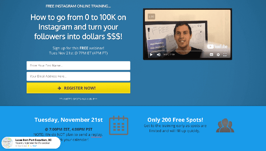 mastering instagram, social proof with recent sign ups