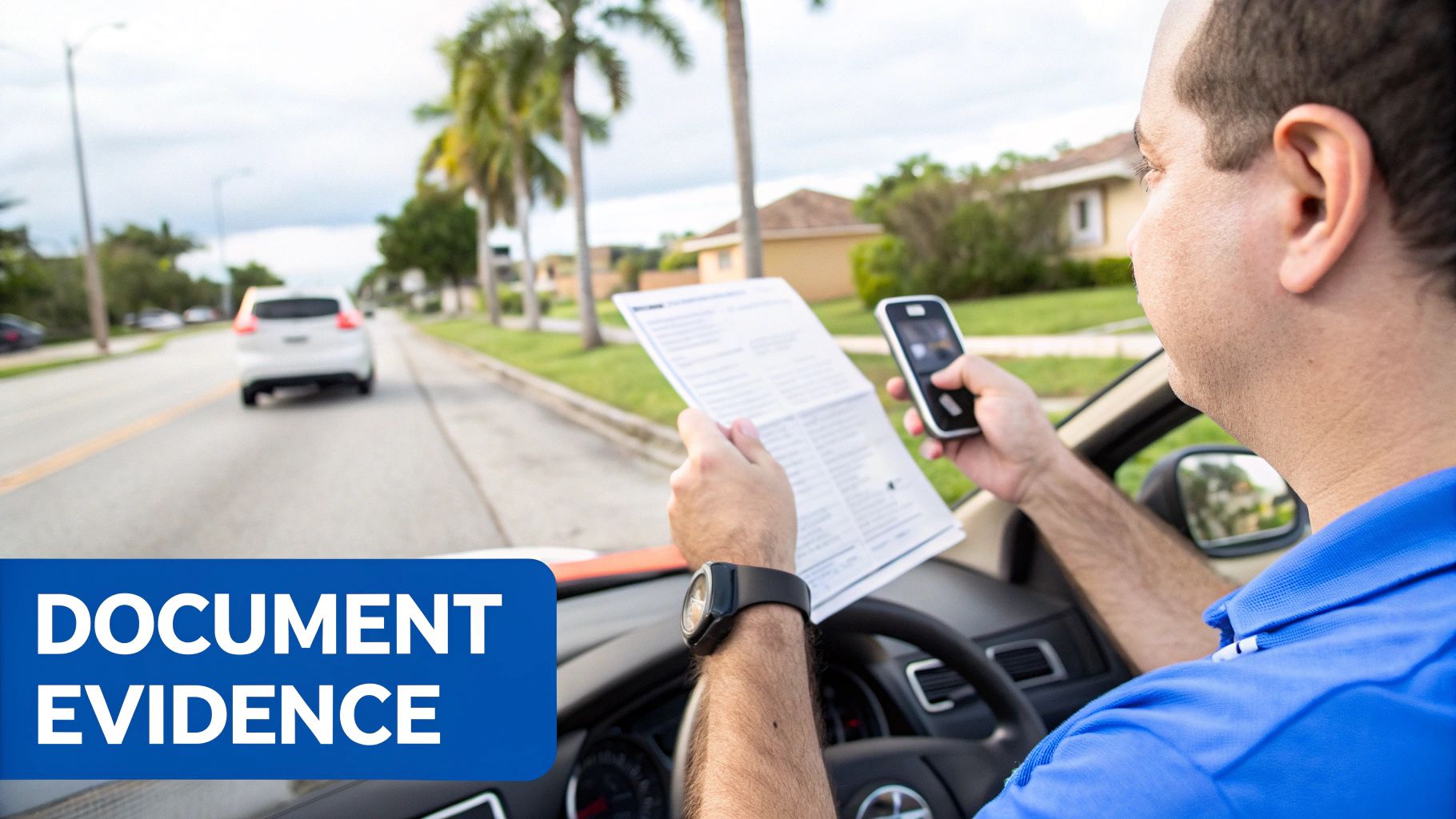 A man in a car holds a document and a phone, possibly distracted while driving.