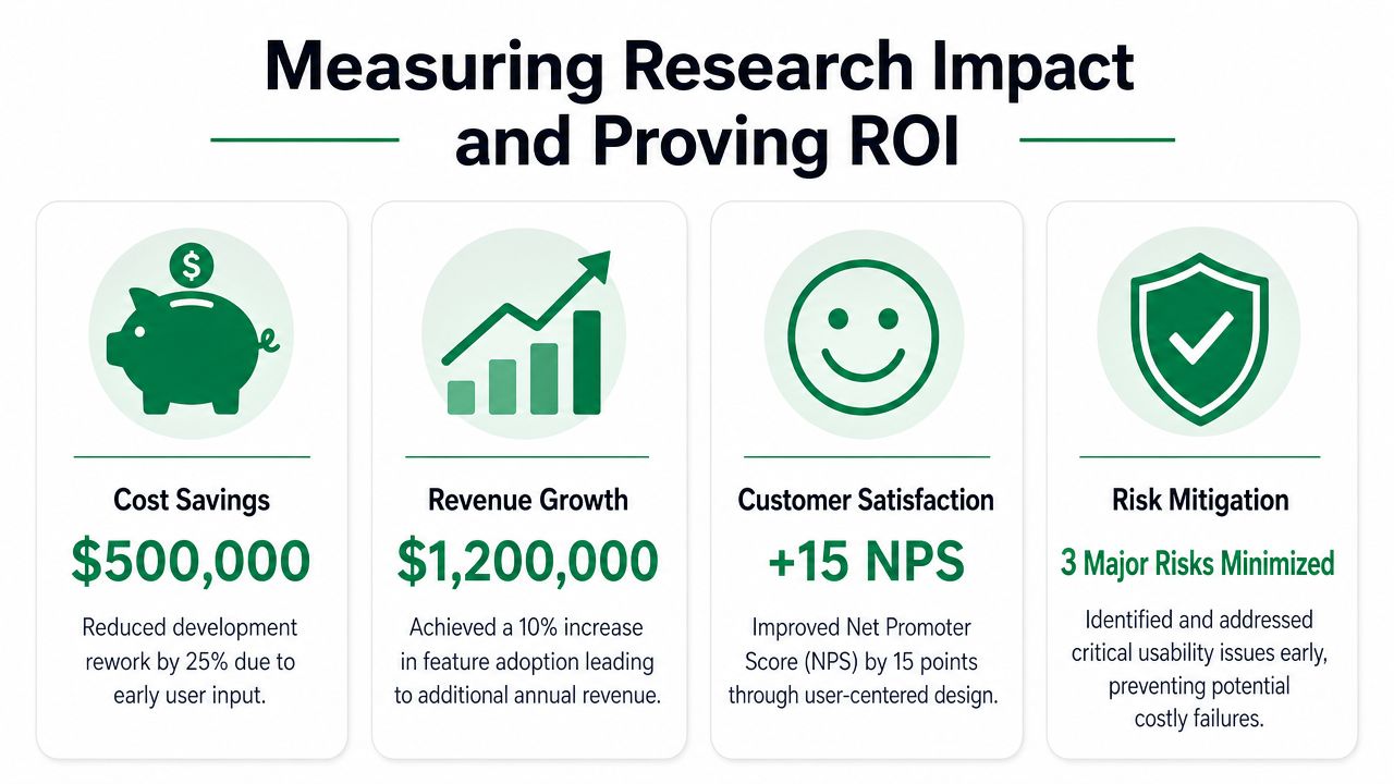An infographic showing four key areas for measuring research impact: cost savings, revenue growth, customer satisfaction, and risk mitigation.