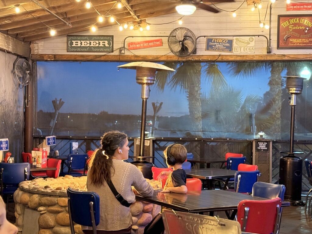 Riverside restaurant patio at dusk in Bullhead City, Arizona