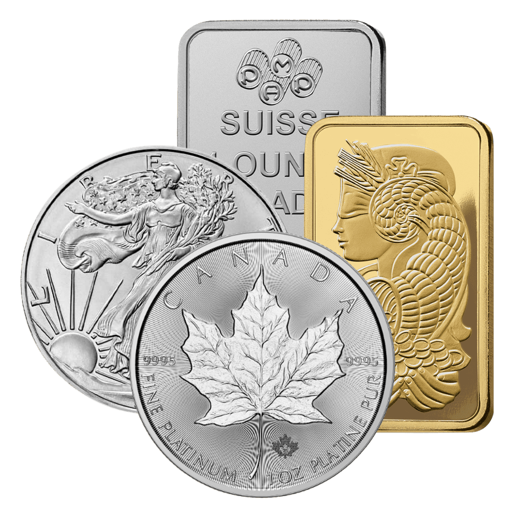 Collection of gold, silver, and platinum bullion bars and sovereign coins from major world mints.