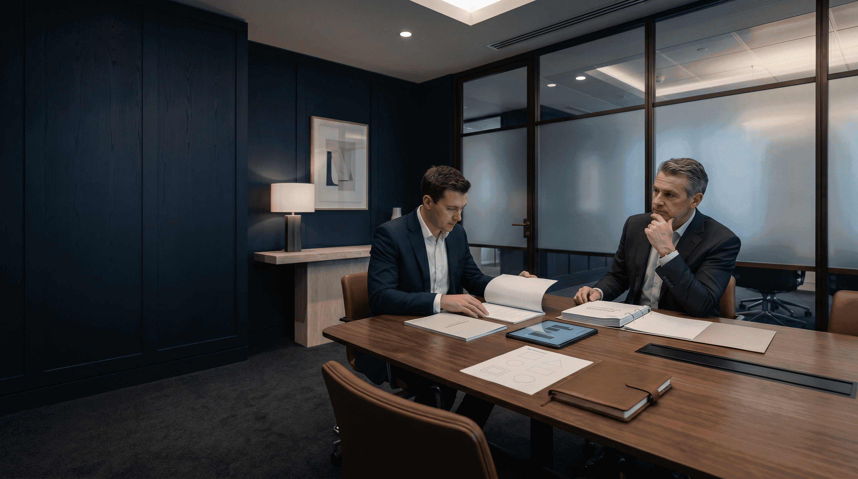 Investment-style commercial due diligence review taking place in a discreet navy-toned executive office