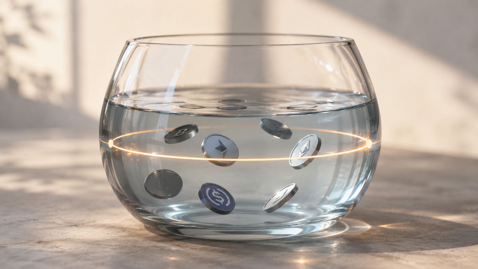 Cryptocurrency coins floating inside a clear glass fishbowl on a table with a glowing digital light ring.