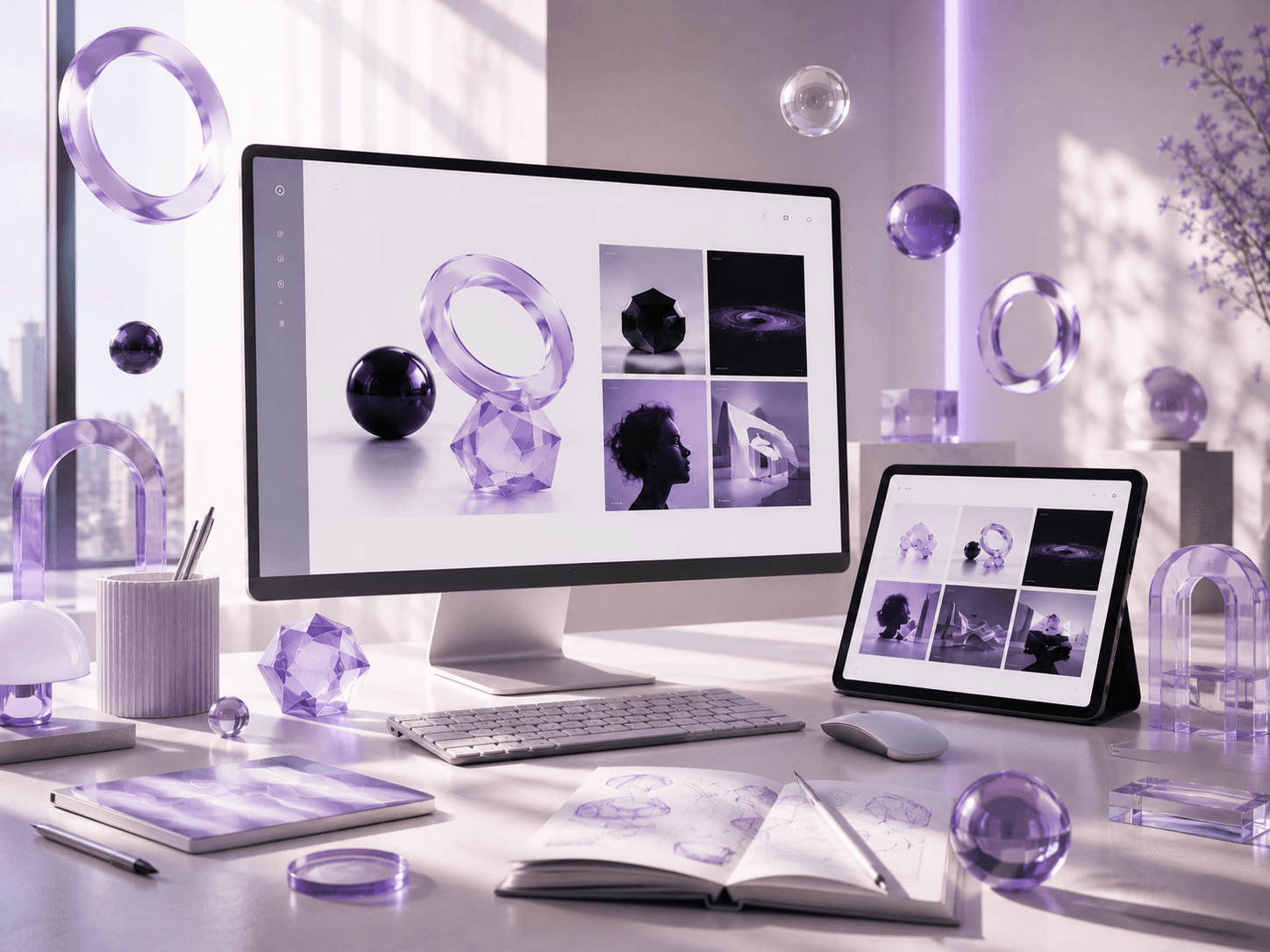 Minimal portfolio website presented on a widescreen desktop monitor, featuring abstract purple glass sculptures, editorial image galleries, and monochrome visual compositions in a contemporary workspace accented with floating translucent geometric elements.