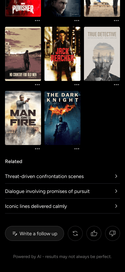 An AI-powered search results page showing related themes and dialogue styles for deeper exploration