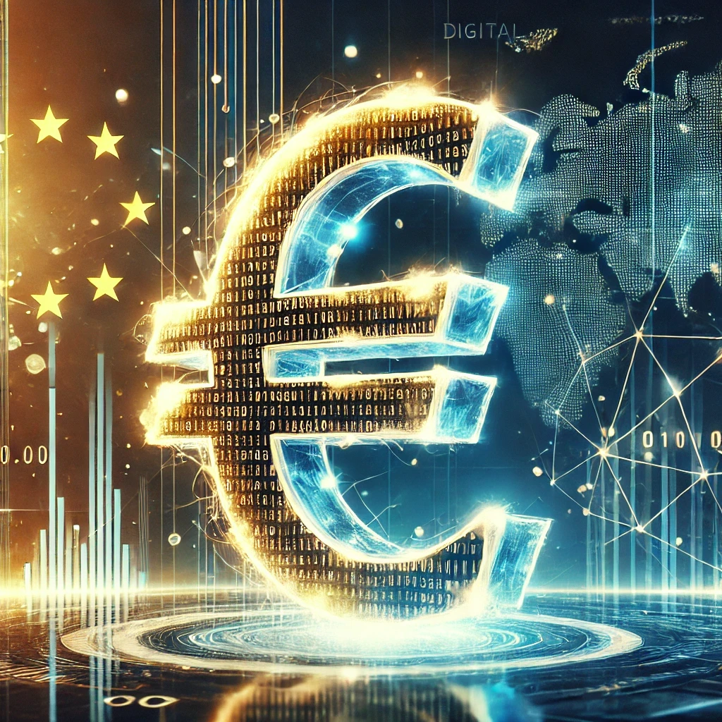 A glowing digital Euro symbol (€) made of binary code, floating above a transparent, futuristic interface with abstract blockchain elements and a map of Europe in the background.