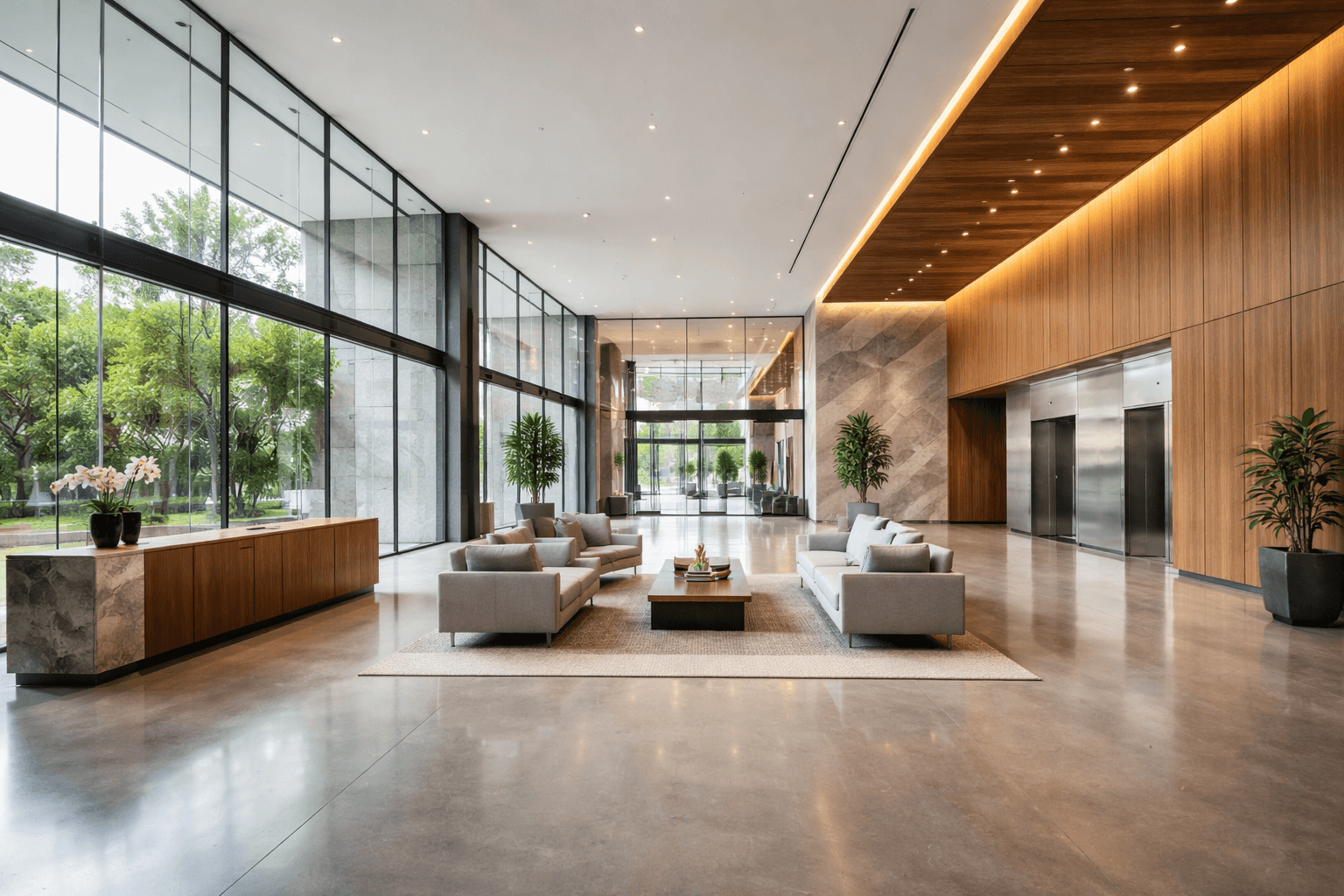 Modern commercial building lobby with polished concrete floors, floor-to-ceiling glass windows, wood panel accent ceiling, and contemporary seating area — Monumental Contractors commercial facility services in Virginia, Maryland, and Washington DC