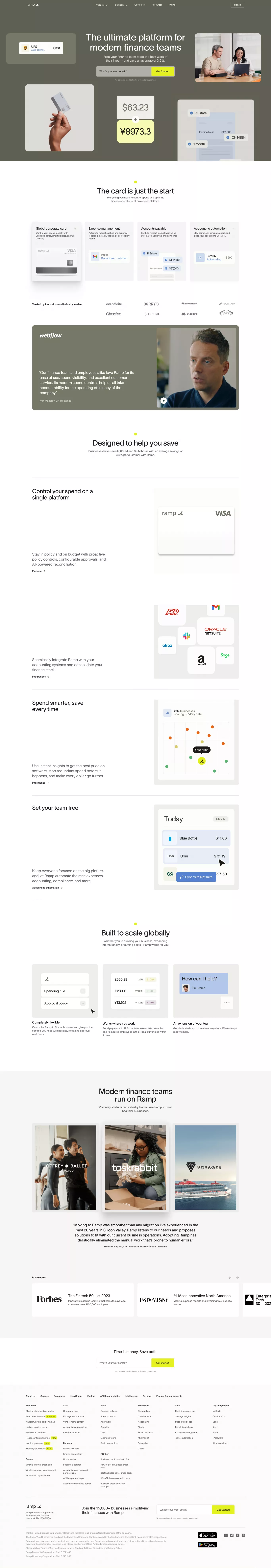 Ramp landing page screenshot showcasing Tech and Finance design