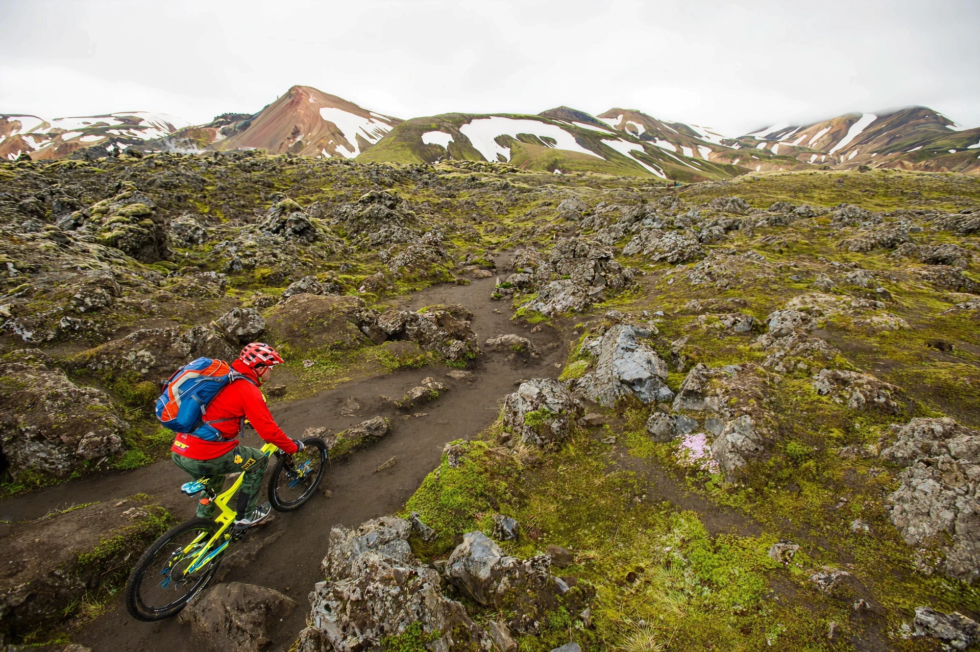 Biking in Icelandic green mountains
