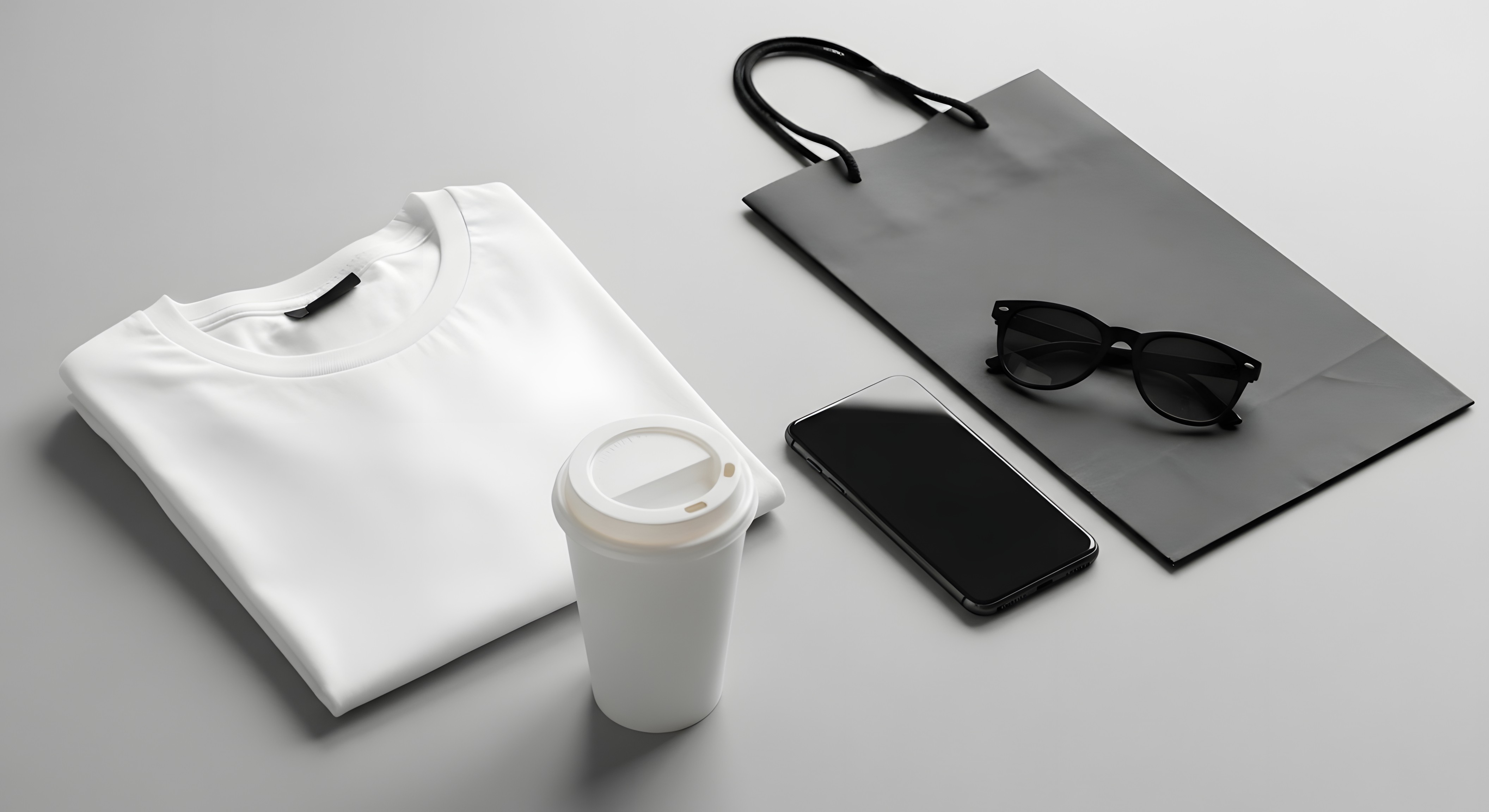 Flatlay Mockup White T Shirt Coffee Cup Smartphone Sunglasses Shopping Bag.