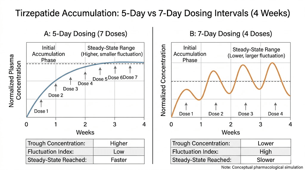 Tirzepatide accumulation comparison between 5-day and 7-day dosing schedules