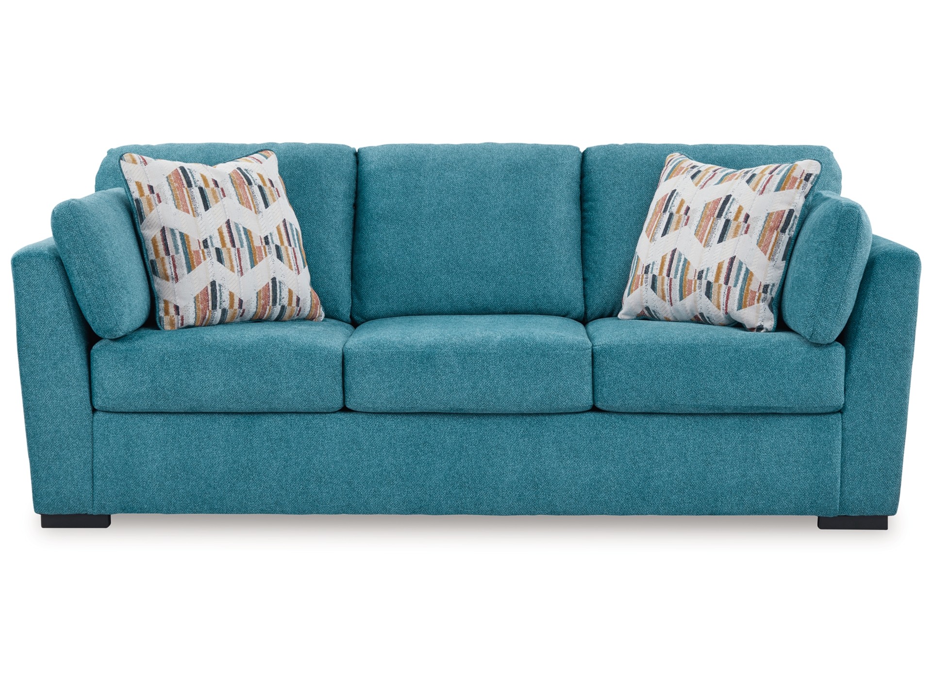 Stylish teal sleeper sofa featuring soft fabric and a convertible design, ideal for relaxing or accommodating guests.