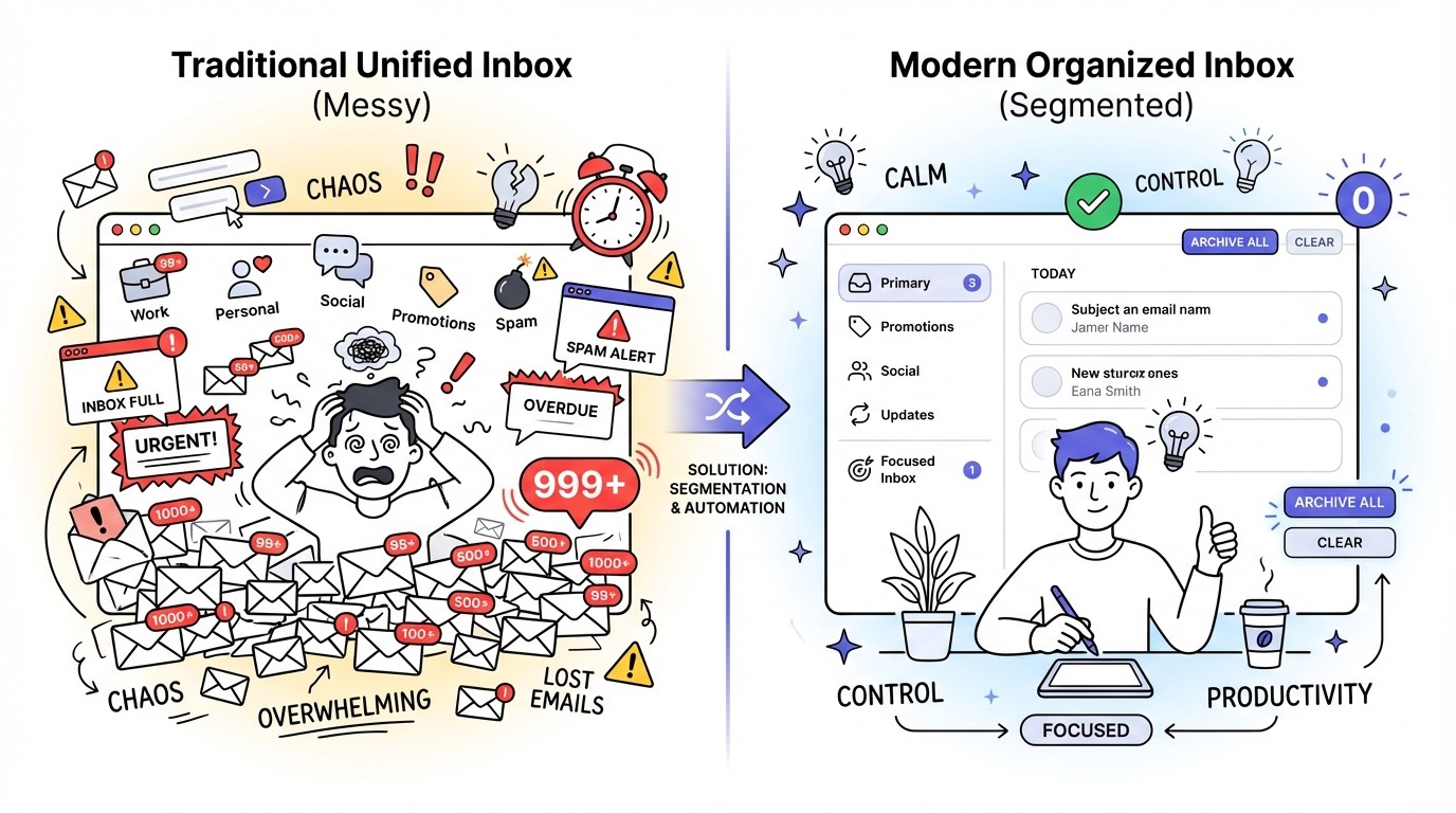 A diagram comparing a messy traditional unified email inbox on the left with a clean, organized, segmented modern email inbox on the right.