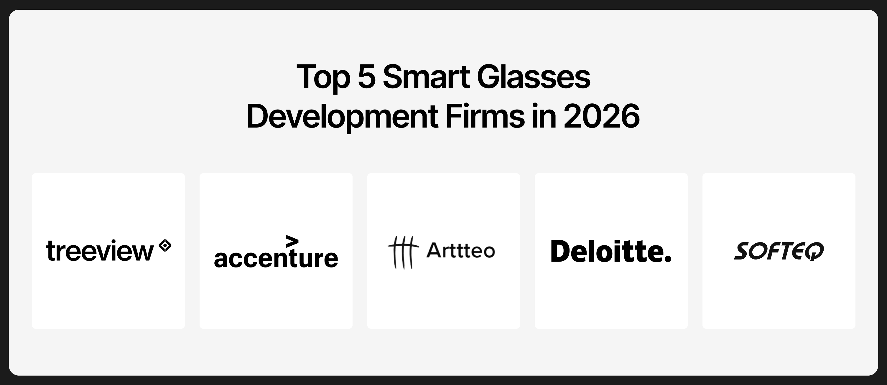 Infographic listing the top 5 smart glasses development firms in 2026: Treeview, Accenture, Arttteo, Deloitte, and Softeq, each shown in a white card with their logo
