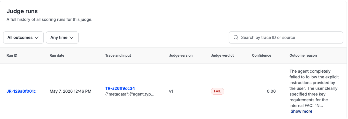 Stratix Judge runs page showing a FAIL verdict with 0.00 confidence and outcome reasoning chain
