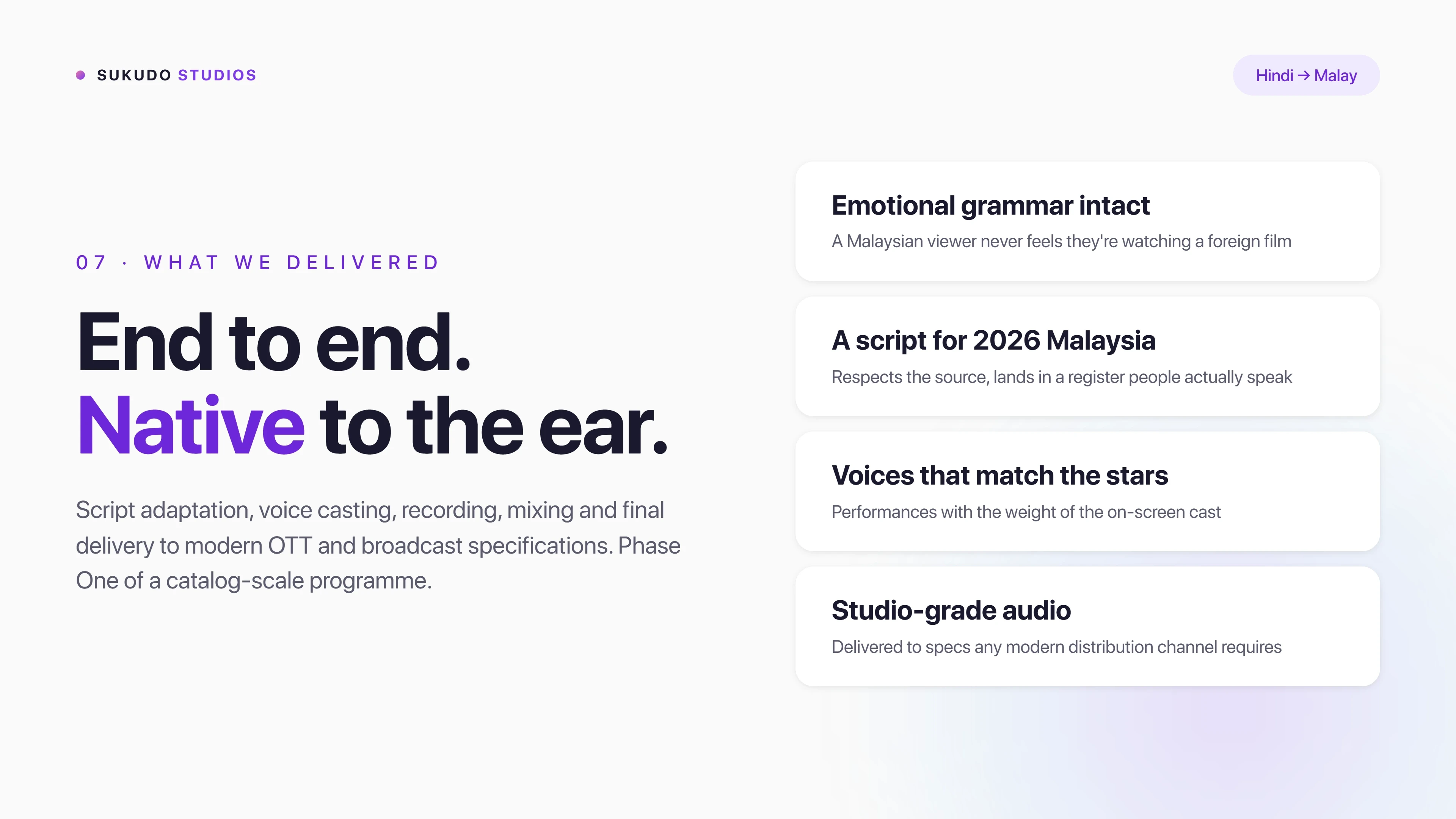 Case study slide on Sukudo Studios' end-to-end Hindi-to-Malay delivery: script adaptation, voice casting, recording, mixing and studio-grade audio to modern OTT and broadcast specifications