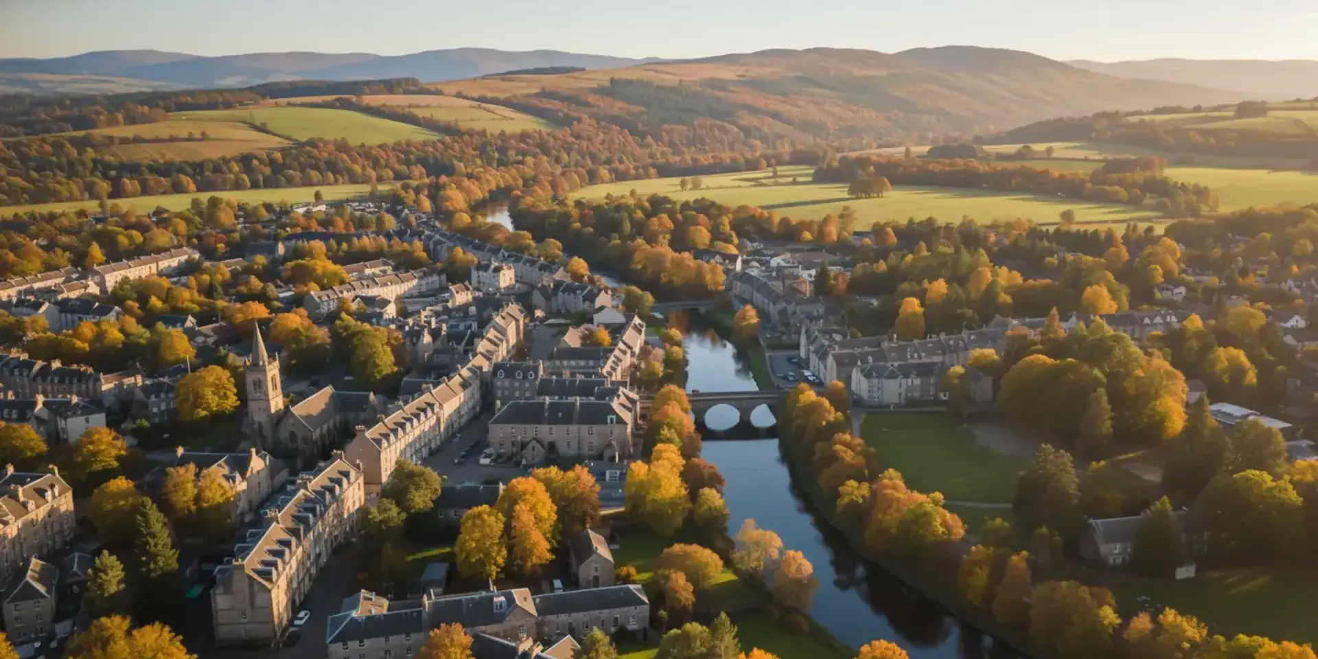 Aerial view of a scenic town nestled among rolling hills with vibrant autumn colors. A river, stone bridge, and church steeple enhance the picturesque landscape.