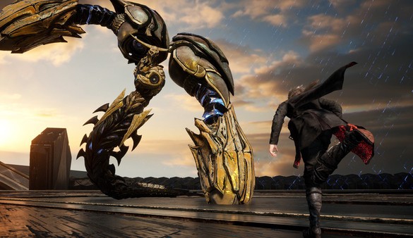 Screenshot Lost Soul Aside PC – combat du héros contre une créature mécanique géante dans un RPG d’action sur KeyVerse Gaming